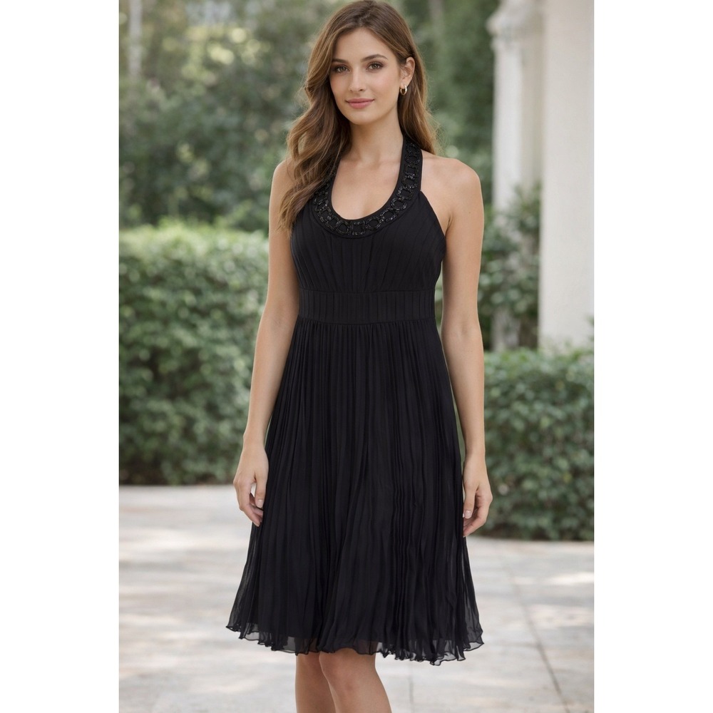 Jones New York‎ Dress Black 100% Silk Pleated Beaded Halter Neck Vintage NWT 12